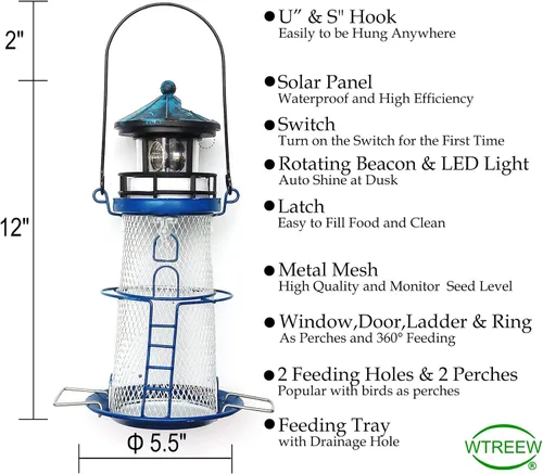 Miniatura 5 de Comedero Solar para Pájaros Faro con Faro Giratorio - 14" Comedero Colgante Mejores Regalos de Comedero para Amantes de las Aves (Azul Espacial)