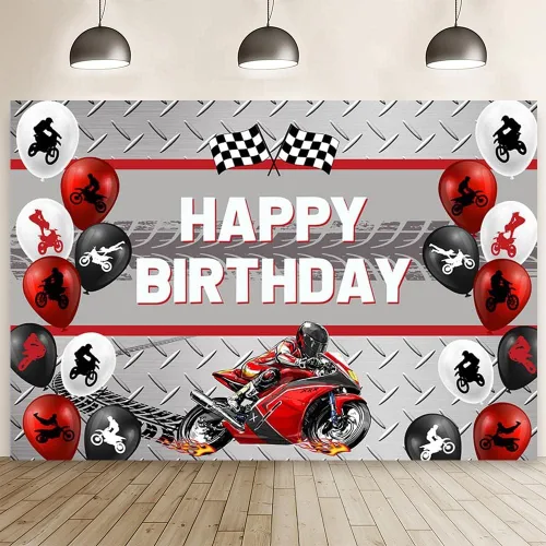Miniatura 8 de AIBIIN Telón de fondo azul de cumpleaños de motocicleta de 7 x 5 pies para niños, globo de carreras de motocross, decoración de fiesta