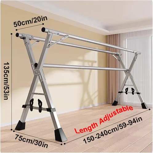Miniatura 7 de Estante de secado de ropa de acero inoxidable de 94 pulgadas, perchero plegable para ropa, perchero de ropa ajustable de longitud ajustable