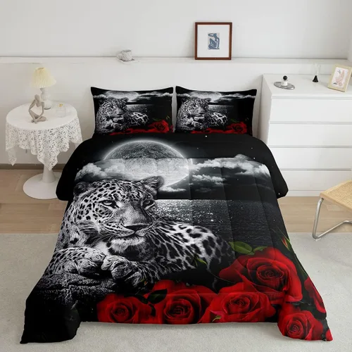 Miniatura 11 de Castle Fairy Juego de edredón con diseño de gato lindo para niños, tamaño twin, juego de ropa de cama con hojas de flores, luna, noche y cielo
