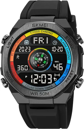 Miniatura 8 de FANMIS Hombres Podómetro Relojes Militares Multifuncional 50M Impermeable Digital Reloj Deportivo al Aire Libre Negro
