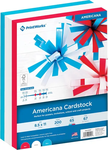 PrintWorks Americana Cardstock 8.5 x 11 pulgadas – 200 hojas – Colores de cartulina rojo, blanco y azul – Ideal para proyectos escolares y