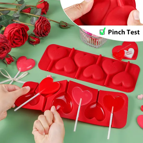 Miniatura 5 de Webake Moldes de Piruleta en Forma de Corazón de 6 Agujeros, Moldes de Caramelo de Chocolate en Forma de Corazón con Palillos de Piruleta, Ideales