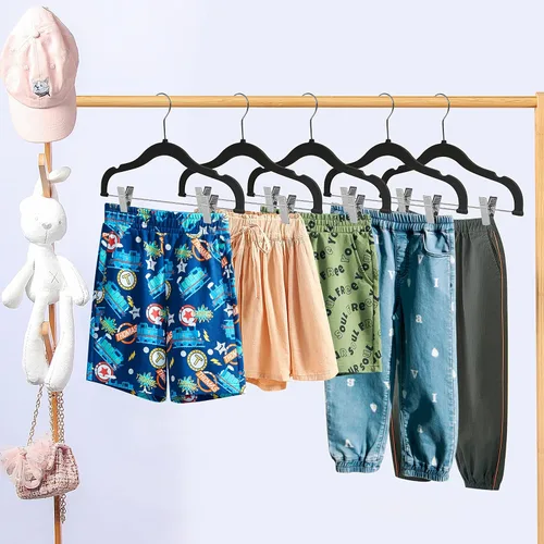 Miniatura 6 de Perchas de plástico de calidad para niños, no aterciopeladas, delgadas, compactas, con clips de metal, para faldas, pantalones, blusas, gancho Negro