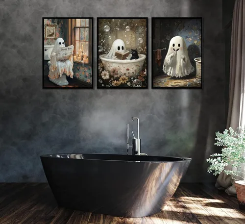 Miniatura 6 de 3 pósteres de fantasmas de Halloween, arte de pared, fantasmas de terror y gato negro en el baño, decoración de pared, imágenes góticas oscuras
