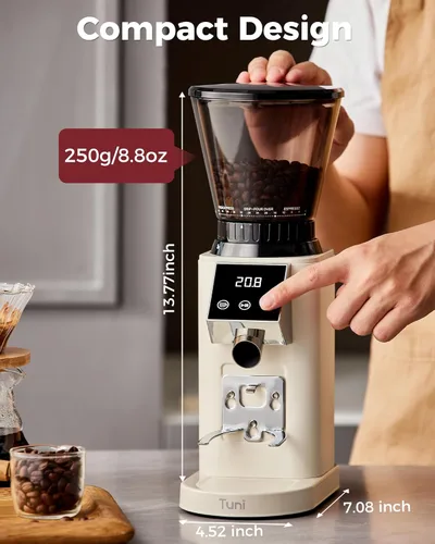 Miniatura 7 de Tuni G1 Molinillo de café con rebabas cónicas, 48 ajustes de molienda, molinillo de fresas antiestáticas, temporizador electrónico de precisión
