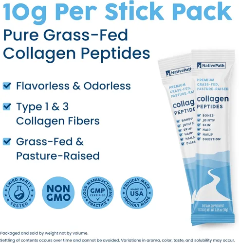 Miniatura 4 de NativePath Paquetes de Bastones de Proteína de Péptidos de Colágeno – Polvo de colágeno hidrolizado tipo 1 y 3 para piel, cabello y uñas, 30