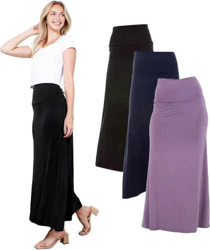 Miniatura 11 de Azules 3 Pack Women’s Maxi Skirt – Soft Stretchy Rayon Fold Over High Waist Long Flowy Boho Skirt for Casual or Dressy Wear