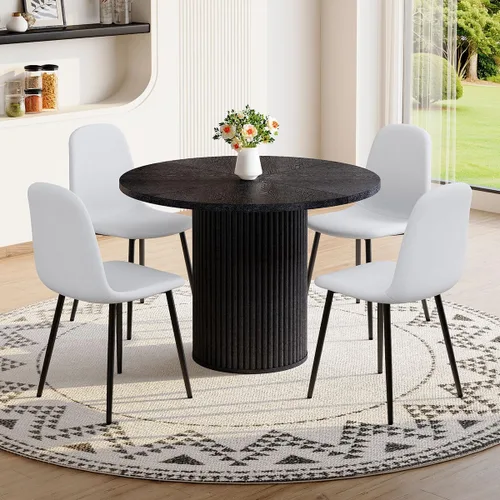 Miniatura 17 de Mesa de comedor redonda para 4-6, mesa de comedor negra con tablero de madera de 42'' y base de pedestal cilíndrico, mesa de cena redonda