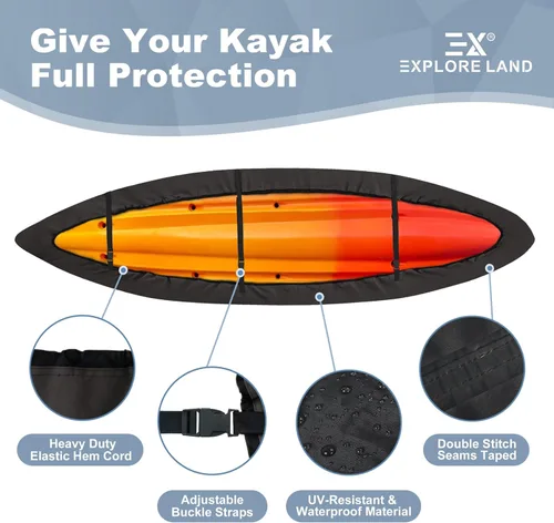 Miniatura 4 de Explore Land Funda impermeable para kayak - Resistente al desvanecimiento 600D Funda de almacenamiento para canoa y kayak de alta resistencia Negro