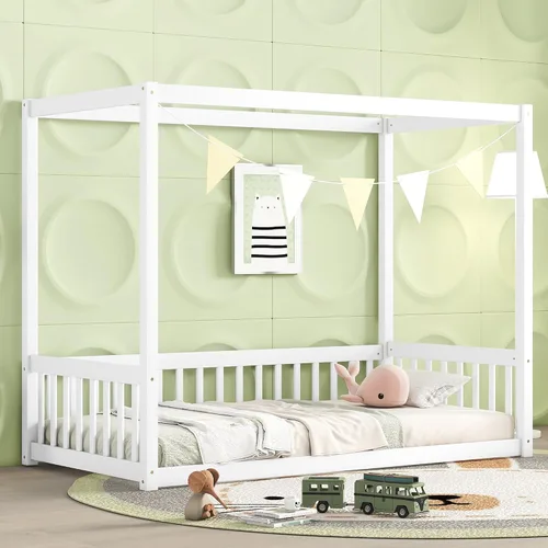 Miniatura 18 de VilroCaz Playfun - Cama de suelo tamaño individual con valla que se puede abrir, cama Montessori de metal con diseño de plataforma para niños