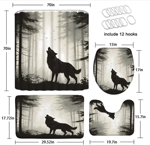 Miniatura 2 de Juego de 4 cortinas de ducha con silueta de lobo con alfombras, cubierta de tapa de inodoro, lobo del bosque, blanco y negro, aullando animal, luna