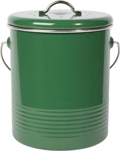 Now Designs Contenedor de compostaje de acero recubierto de polvo verde con filtro de carbón, 8.5 pulgadas de alto, 1.25 galones