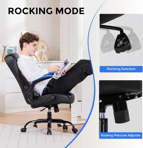 Miniatura 6 de COMHOMA Silla ergonómica para juegos de oficina para adultos, con soporte lumbar, brazos abatibles, altura ajustable, ruedas giratorias de piel Azul