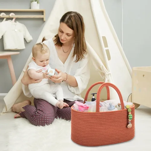 Miniatura 3 de COMSE Organizador grande de pañales para bebé para niña y niño, organizador de automóvil con asas, cesta de cuerda de algodón para cambiador