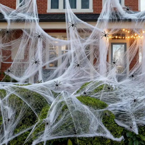 Telarañas de 900 pies cuadrados para decoración de Halloween con 100 arañas falsas, telarañas súper elásticas para decoraciones de Halloween en