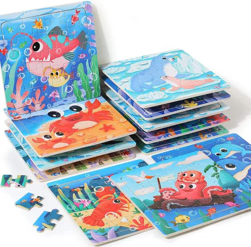 Miniatura 6 de GRINNNIE - Rompecabezas de madera para niños pequeños de 3, 4, 5 años, 12 piezas, rompecabezas de animales del océano, juguetes de aprendizaje