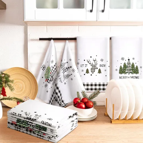 Miniatura 4 de Preboun Juego de 4 Toallas de Cocina Navideñas de 17x26'' a Cuadros Buffalo Absorbentes, Toalla de Platos Navideña con Diseños de Árbol de Navidad