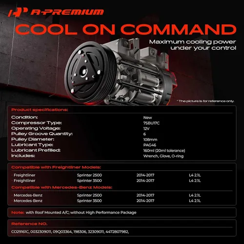 Miniatura 2 de A-Premium Compresor de aire acondicionado con embrague compatible con Mercedes-Benz Freightliner Sprinter 2500, Sprinter 3500, 2.1L 2014-2017