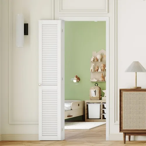Miniatura 13 de Puerta plegable de 180 grados, para aberturas de 30 ″ x 80 ″, puerta plegable esmerilada blanca 3-Lite con bisagras, juego de herrajes para puertas