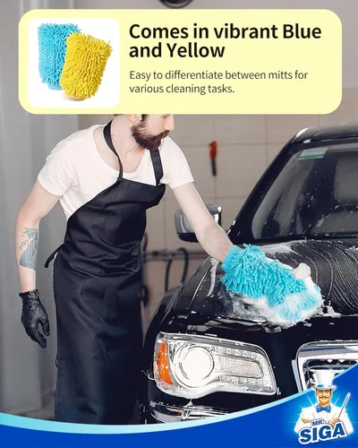Miniatura 7 de MR.SIGA Manoplas de microfibra suave de chenilla para lavado de coche, paquete de 2, azul y amarillo
