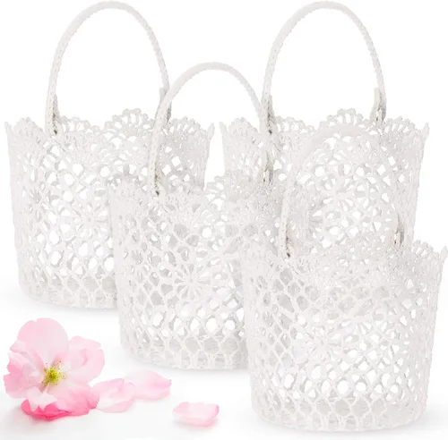 Miniatura 6 de WILLBOND 4 cestas blancas para niña de las flores con asa para ceremonia de boda, 5.9 x 4.72 x 4.33 pulgadas