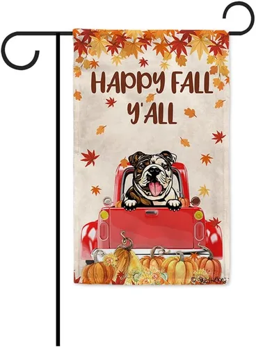 Miniatura 15 de Bandera con texto en inglés «Happy Fall Y'all» con diseño de perro inteligente con calabaza en camión rojo y hojas de arce, pancarta de otoño