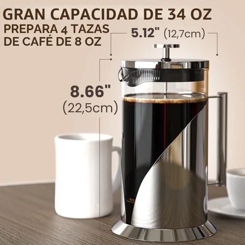 Miniatura 8 de Cafe Du Chateau Cafetera de prensa francesa de acero inoxidable de 34 onzas, prensa de café aislada fácil de usar con filtración de 4 niveles, A.