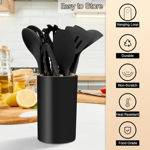 Miniatura 3 de E-far - Juego de 12 utensilios de cocina de silicona con soporte, antiadherentes y resistentes al calor, incluye espátula, pinzas, cucharón, Negro