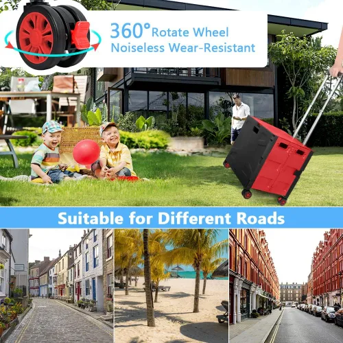 Miniatura 4 de Carrito de Compras Utilitario Plegable Portátil Rodante Caja con Carretilla de Mano con Rueda Giratoria de 360°, Tapa Oculta, Mango Telescópico Rojo