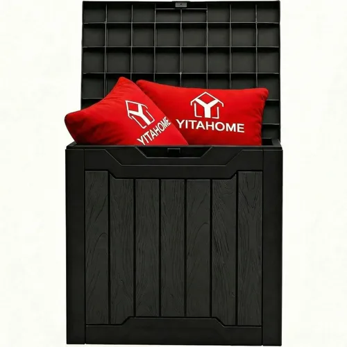 Miniatura 15 de YITAHOME Caja grande de cubierta de 120 galones con parte delantera en forma de X, cajas de almacenamiento de resina para exteriores, banco de Negro