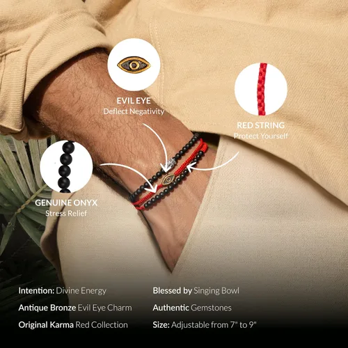 Miniatura 2 de KARMA AND LUCK - Brave Gaze - Men's Real Matte Onyx Jade Stone Bronze Brass Evil Eye Charm Red String Adjustable Drawstring Closure Bracelet