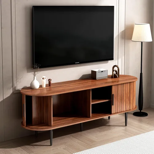 Miniatura 6 de Soporte de TV acanalado moderno de mediados de siglo, soporte de TV de nogal para TV de 55 pulgadas, centro de entretenimiento de madera con puertas