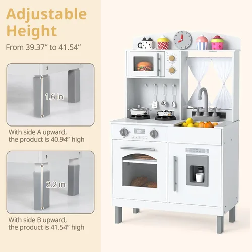 Miniatura 7 de INFANS Cocina de Madera para Niños, Juego de Pretensión con Alturas Ajustables, Sonidos Realistas, Heladera, Microondas, Horno, Juguete de Cocina