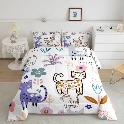 Miniatura 2 de Feelyou Juego de edredón de dibujos animados de gatos, juego de edredón de gatitos y flores, para niños, niñas, adolescentes, mascotas, gatos, juego