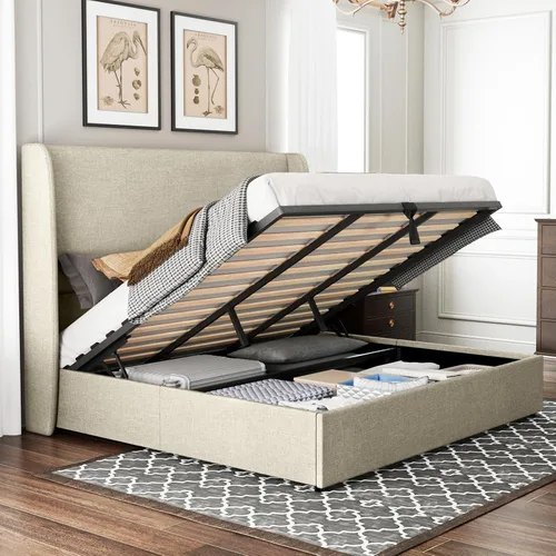 Miniatura 12 de Jocisland - Base de cama tamaño Queen con plataforma de almacenamiento abatible, tapizada en lino, con cabecera abatible moderna/almacenamiento