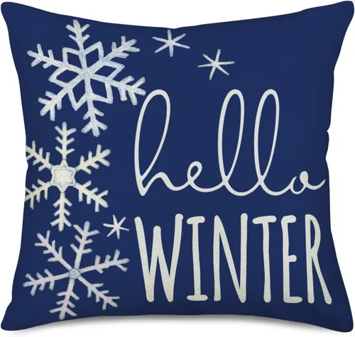 Hello Winter - Funda de almohada de 16 x 16 pulgadas, diseño de copo de nieve azul y blanco, decoración de Navidad, decoración de casa de campo,