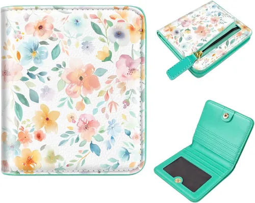 Miniatura 30 de Cartera pequeña con bloqueo RFID para mujer, con bolsillo plegable y compacto, lindo soporte para tarjetas de crédito, ranura para monedas, monedero