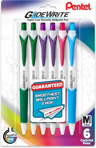 Pentel GlideWrite - Bolígrafo con tinta TechniFlo (³/₆₄ pulgadas), trazo medio, tinta surtida, paquete de 6 (BX910BP6M)