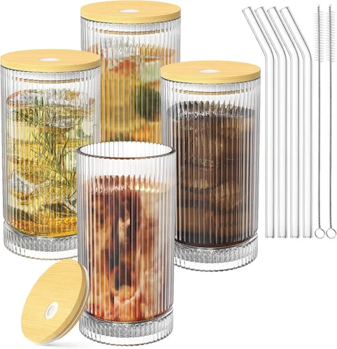 Miniatura 8 de CWHHRN Vasos de vidrio de 15 onzas con pajitas, cristalería vintage para whisky, cóctel, cerveza, tazas de café helado y vasos para beber