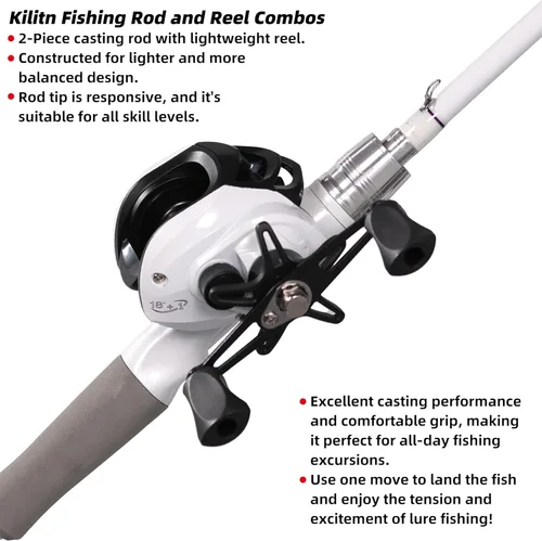 Miniatura 2 de Kilitn Combo de Caña de Pescar y Carrete, Combo de Lanzamiento de Cebo de Color Blanco con Carrete Baitcast, Caña Baitcaster de 2 Piezas, Fibra