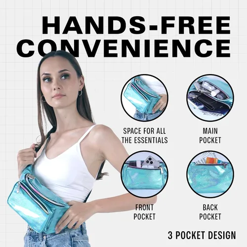 Miniatura 5 de SoJourner Riñonera holográfica para festivales, mujeres, hombres, bonitos bolsos de cinturón de moda, Glittler Azul Claro), A-13