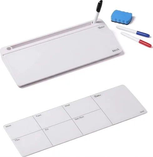 Birch Pizarra blanca de cristal de escritorio con calendario semanal magnético, pizarra de borrado en seco, soporte para teclado, almacenamiento
