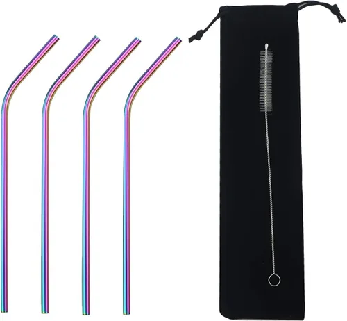 Miniatura 10 de Pajitas de acero inoxidable de 8.5 pulgadas, paquete de 4 (2 rectas, 2 dobladas, 1 cepillo), ultra largas, ecológicas, incluye cepillo de limpieza