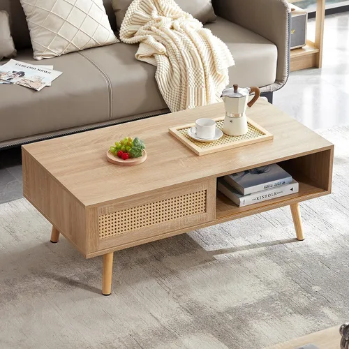 Mesa de centro de ratán, mesa de centro moderna de mediados de siglo de 40.3 pulgadas con almacenamiento, mesa rectangular de madera para sofá con