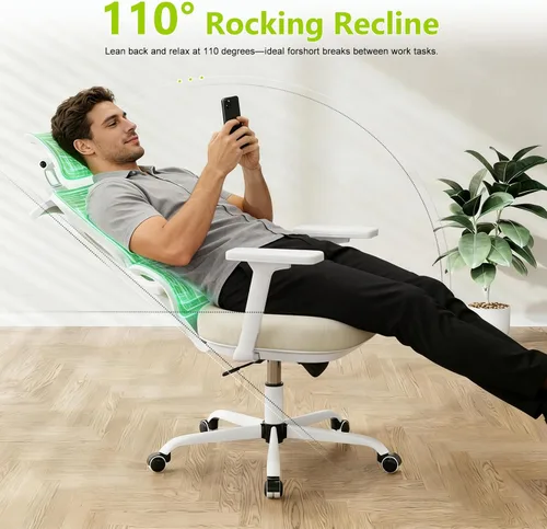 Miniatura 6 de Silla de oficina ergonómica de malla con soporte lumbar y reposacabezas, silla de computadora con respaldo alto con reposabrazos y bloqueo de Beige