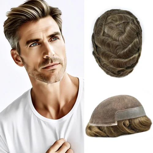 Miniatura 122 de Sistema de repuesto de cabello humano europeo con encaje frontal suizo para hombre, tupé para hombre, pieza de cabello, nudo blanqueado, línea #17