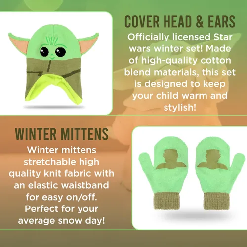Miniatura 2 de Star Wars Baby Yoda - Gorro de invierno y guantes de nieve para niños y niños pequeños, juego de 3 piezas de gorro cálido con pompón con caja