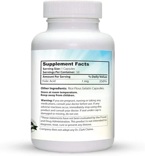Miniatura 3 de Dr. Clark Suplemento de ácido fólico (vitamina B9) - 1 mg, 100 cápsulas de gelatina, vitamina B esencial para la salud diaria