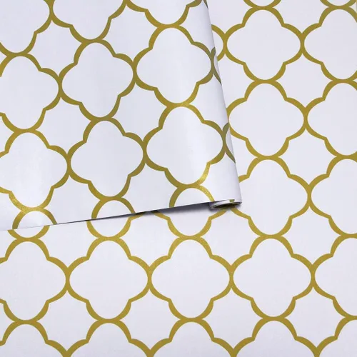 Miniatura 8 de Safiyya Papel tapiz despegable y adhesivo de 393" x 17.7 pulgadas, papel de contacto dorado blanco, autoadhesivo, removible, papel tapiz moderno
